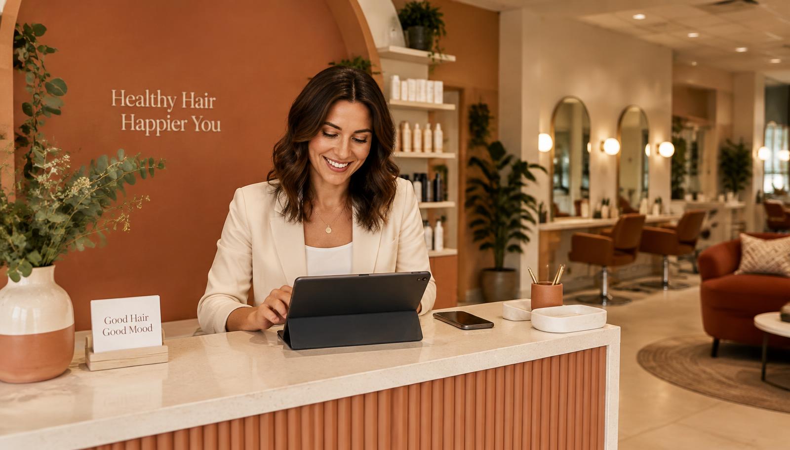 Salon owner checking bookings on a tablet
